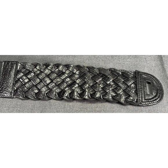 Vintage 1990s Black Woven Leather 3" Wide Elastic Belt - Picture 8 of 13